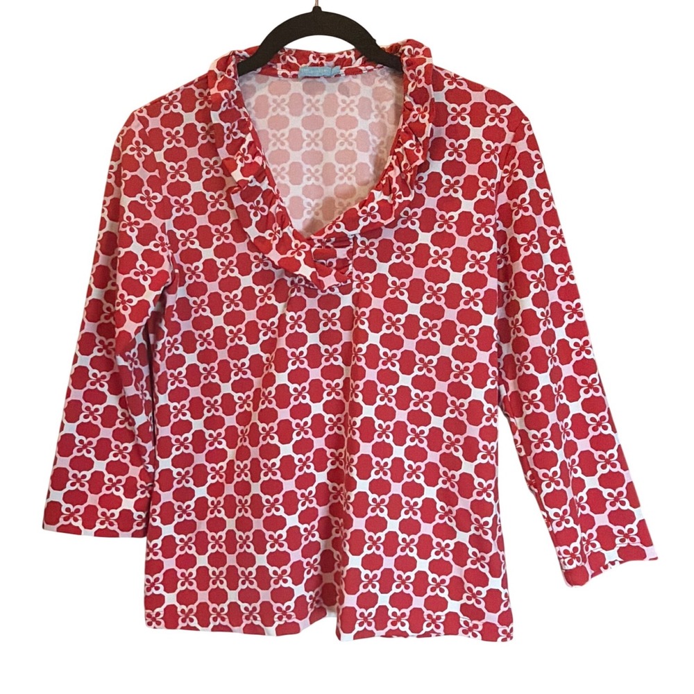 J.McLaughlin Catalina Cloth Ruffle Neck Top Red Pink Geometric Floral XS